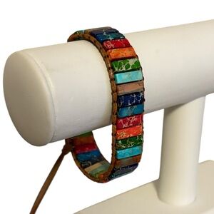 Bohemian 7 Chakra Stone Bead Bracelet Square Button Wrap Closure